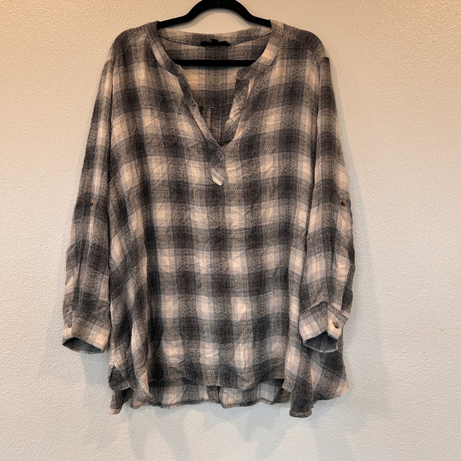 Jane And Delancey Plaid V-Neck Tunic Blouse Black White Roll Tab Sleeve Women 3x